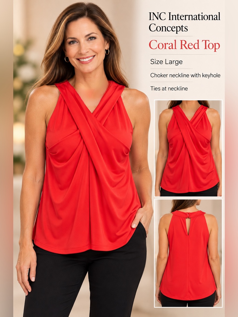 INC International Concepts Bright Red V-Neck Sleeveless Tank - Large